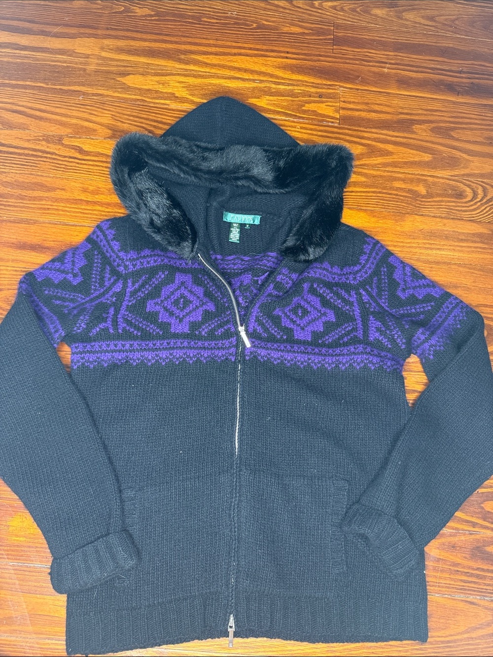 Lauren Ralph Lauren wool/angora black zip up sweater with Purple Fair Isle Yoke